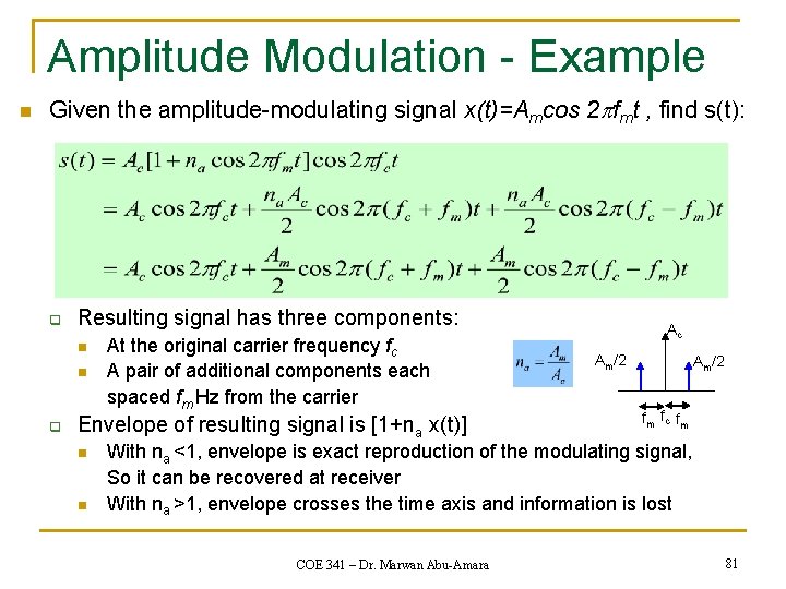 Amplitude Modulation - Example n Given the amplitude-modulating signal x(t)=Amcos 2 pfmt , find