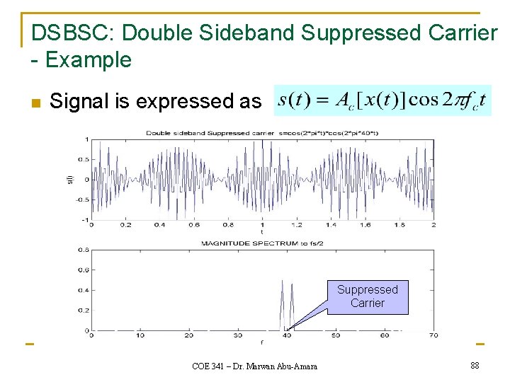 DSBSC: Double Sideband Suppressed Carrier - Example n Signal is expressed as Suppressed Carrier