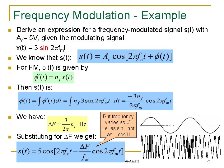 Frequency Modulation - Example n Derive an expression for a frequency-modulated signal s(t) with