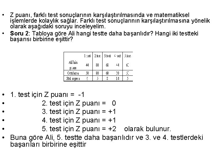  • Z puanı, farklı test sonuçlarının karşılaştırılmasında ve matematiksel işlemlerde kolaylık sağlar. Farklı
