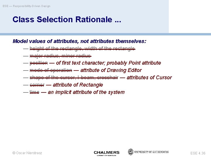 ESE — Responsibility-Driven Design Class Selection Rationale. . . Model values of attributes, not