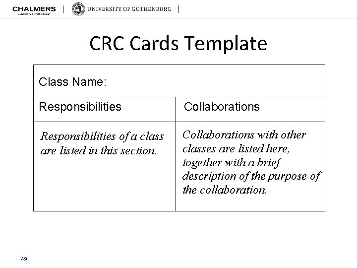 CRC Cards Template Class Name: 49 Responsibilities Collaborations Responsibilities of a class are listed