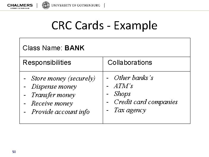 CRC Cards - Example Class Name: BANK 50 Responsibilities Collaborations - - Store money