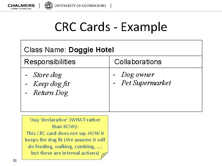 CRC Cards - Example Class Name: Doggie Hotel Responsibilities Collaborations - Store dog -