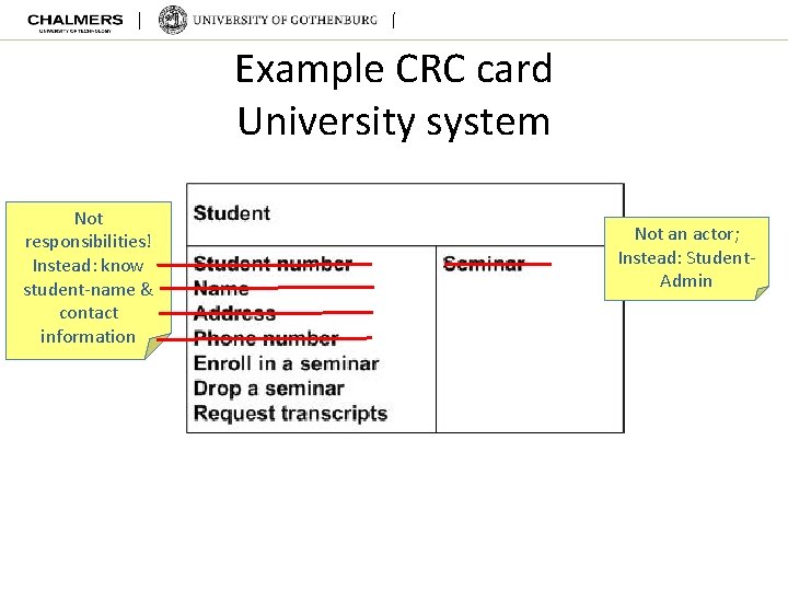 Example CRC card University system Not responsibilities! Instead: know student-name & contact information Not