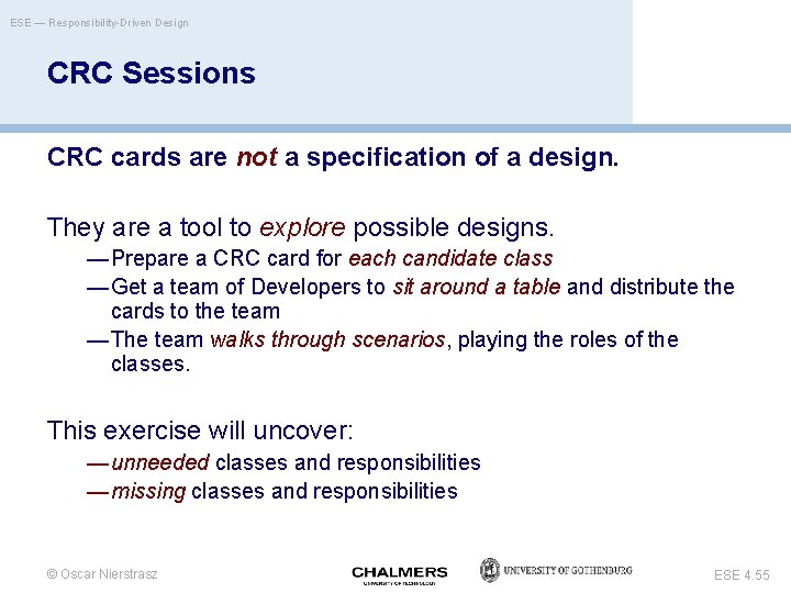 ESE — Responsibility-Driven Design CRC Sessions CRC cards are not a specification of a