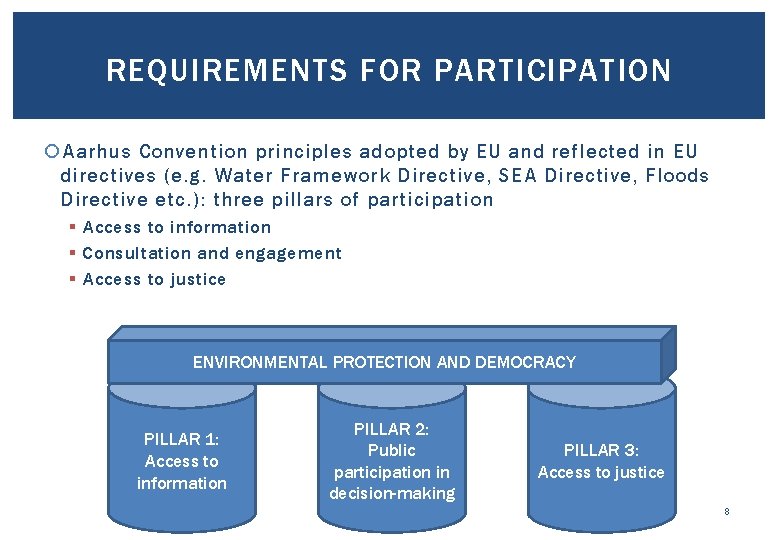 REQUIREMENTS FOR PARTICIPATION Aarhus Convention principles adopted by EU and reflected in EU directives