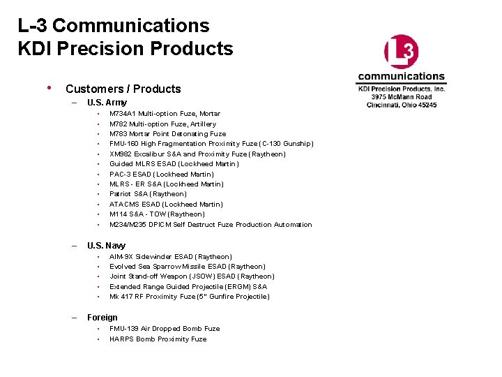 L-3 Communications KDI Precision Products • Customers / Products – U. S. Army •