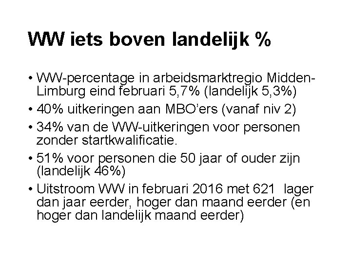 WW iets boven landelijk % • WW-percentage in arbeidsmarktregio Midden. Limburg eind februari 5,