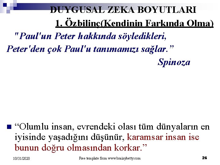 DUYGUSAL ZEKA BOYUTLARI 1. Özbilinç(Kendinin Farkında Olma) "Paul'un Peter hakkında söyledikleri, Peter'den çok Paul'u