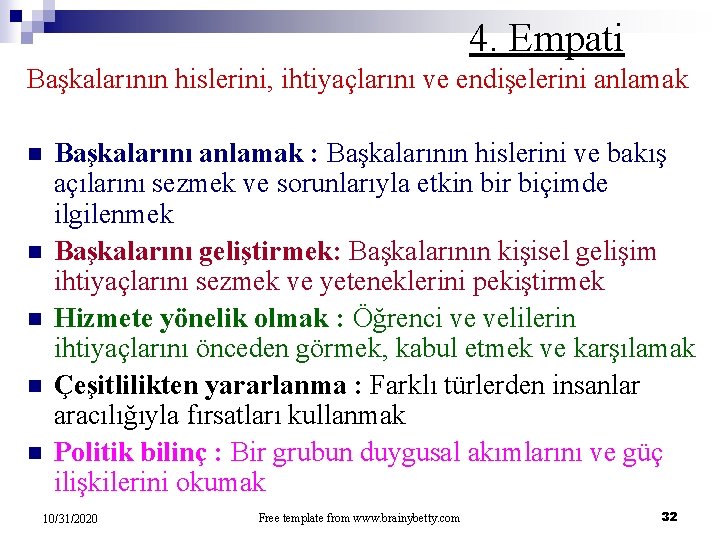 4. Empati Başkalarının hislerini, ihtiyaçlarını ve endişelerini anlamak n n n Başkalarını anlamak :