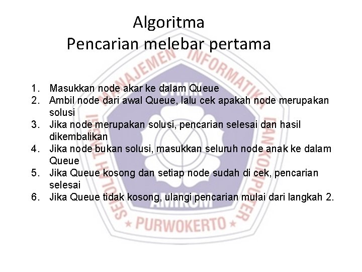 Algoritma Pencarian melebar pertama 1. Masukkan node akar ke dalam Queue 2. Ambil node