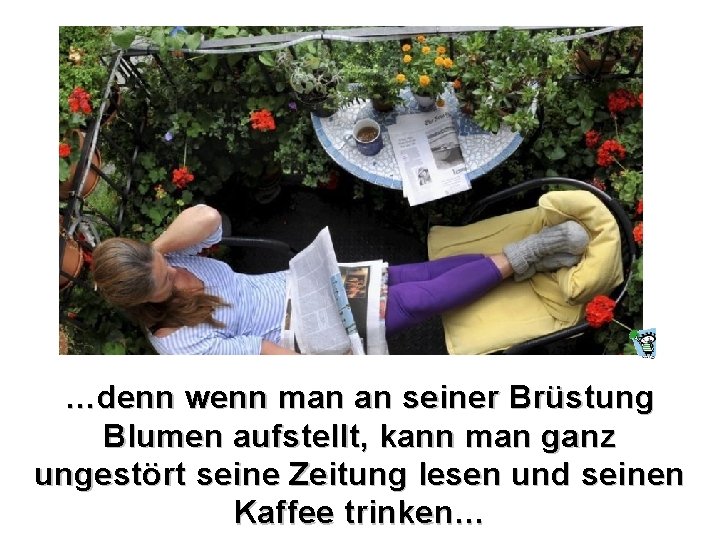 …denn wenn man an seiner Brüstung Blumen aufstellt, kann man ganz ungestört seine Zeitung