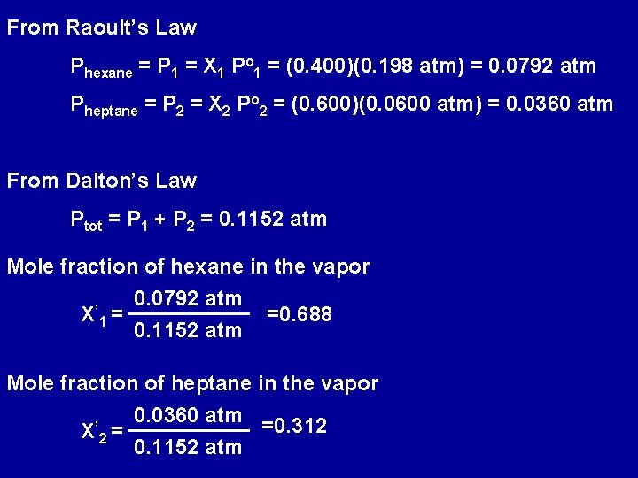 From Raoult’s Law Phexane = P 1 = X 1 Po 1 = (0.