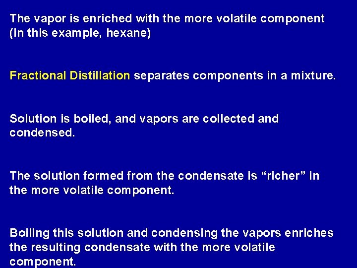 The vapor is enriched with the more volatile component (in this example, hexane) Fractional