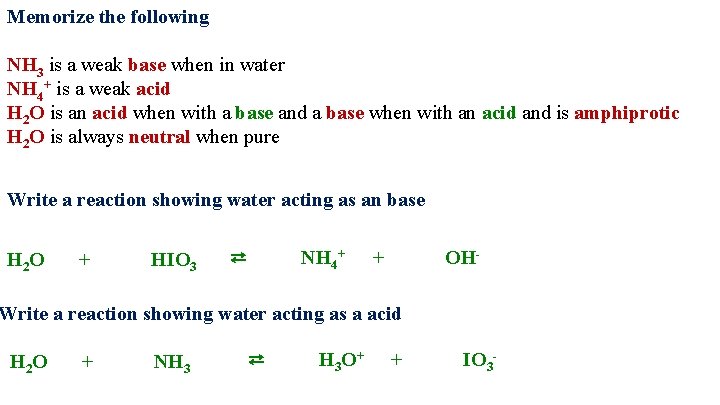 Memorize the following NH 3 is a weak base when in water NH 4+