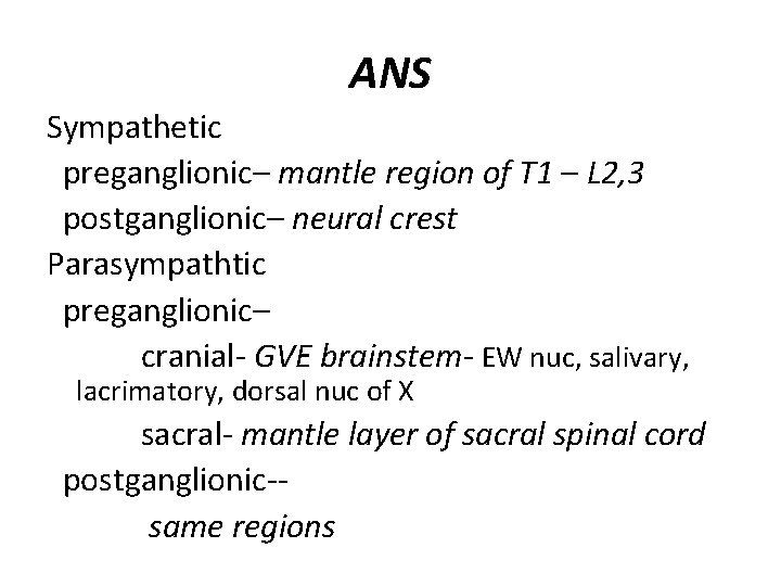 ANS Sympathetic preganglionic– mantle region of T 1 – L 2, 3 postganglionic– neural