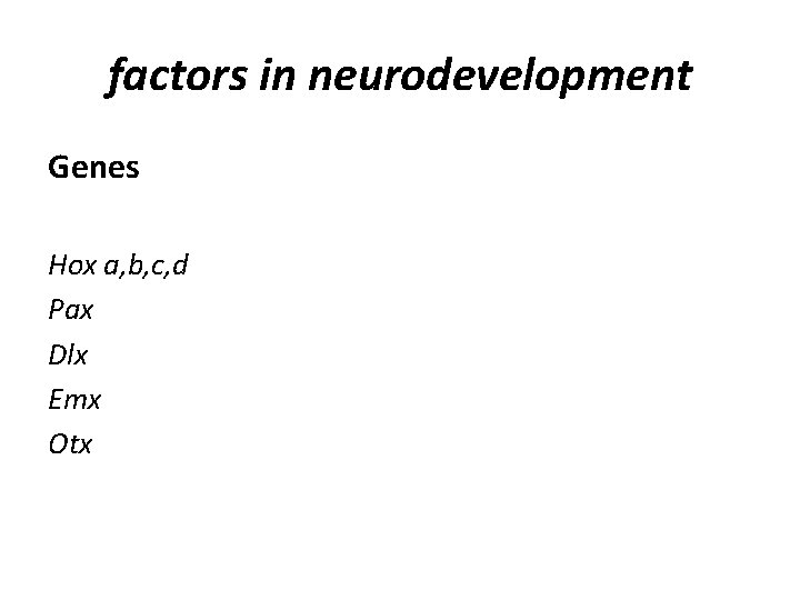 factors in neurodevelopment Genes Hox a, b, c, d Pax Dlx Emx Otx 