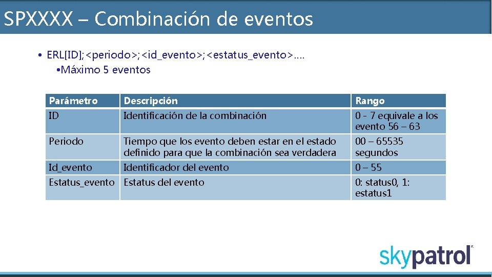 SPXXXX – Combinación de eventos • ERL[ID]; <periodo>; <id_evento>; <estatus_evento>…. • Máximo 5 eventos