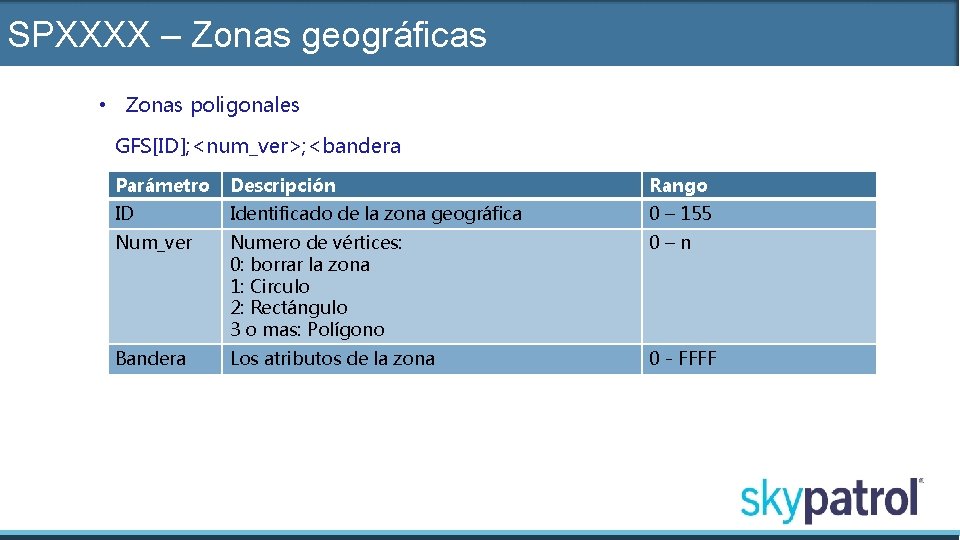 SPXXXX – Zonas geográficas • Zonas poligonales GFS[ID]; <num_ver>; <bandera Parámetro Descripción Rango ID