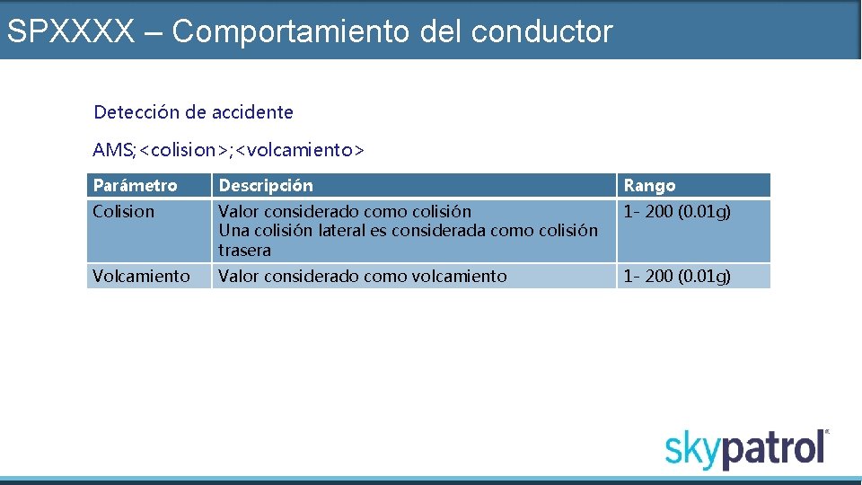 SPXXXX – Comportamiento del conductor Detección de accidente AMS; <colision>; <volcamiento> Parámetro Descripción Rango