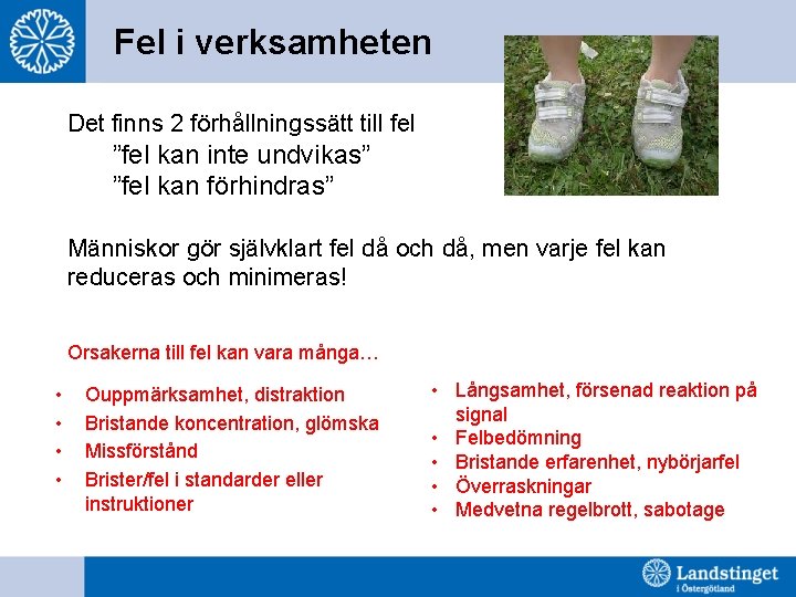 Fel i verksamheten Det finns 2 förhållningssätt till fel ”fel kan inte undvikas” ”fel