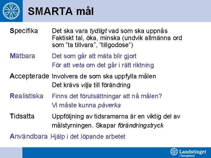 SMARTA mål Specifika Det ska vara tydligt vad som ska uppnås Faktiskt tal, öka,