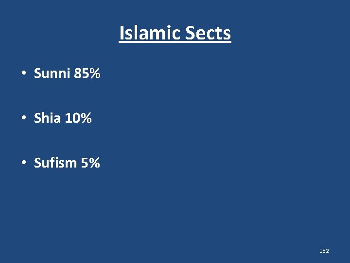 Islamic Sects • Sunni 85% • Shia 10% • Sufism 5% 152 