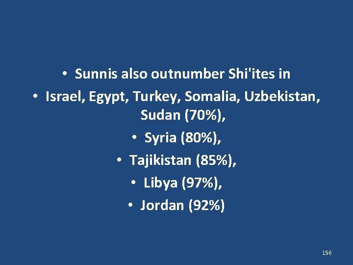  • Sunnis also outnumber Shi'ites in • Israel, Egypt, Turkey, Somalia, Uzbekistan, Sudan