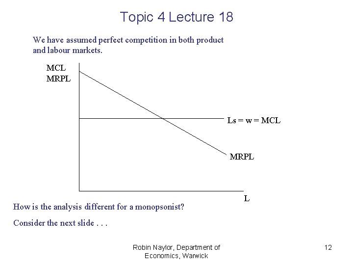 Topic 4 Lecture 18 We have assumed perfect competition in both product and labour Topic 4 Lecture 18 We have assumed perfect competition in both product and labour