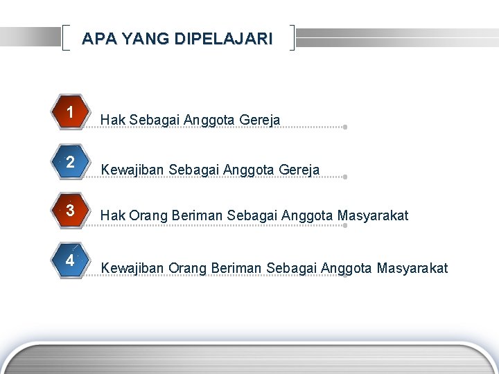 APA YANG DIPELAJARI 1 Hak Sebagai Anggota Gereja 2 Kewajiban Sebagai Anggota Gereja 3 APA YANG DIPELAJARI 1 Hak Sebagai Anggota Gereja 2 Kewajiban Sebagai Anggota Gereja 3