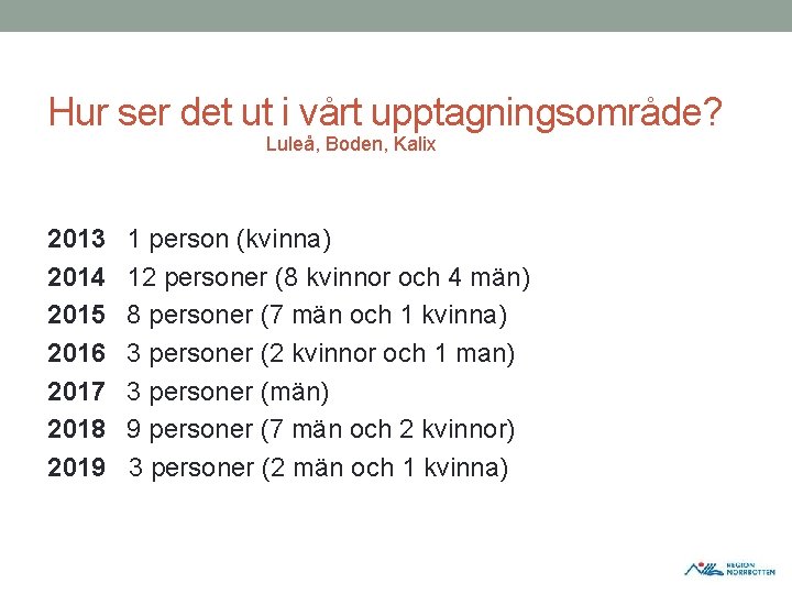 Hur ser det ut i vårt upptagningsområde? Luleå, Boden, Kalix 2013 1 person (kvinna) Hur ser det ut i vårt upptagningsområde? Luleå, Boden, Kalix 2013 1 person (kvinna)
