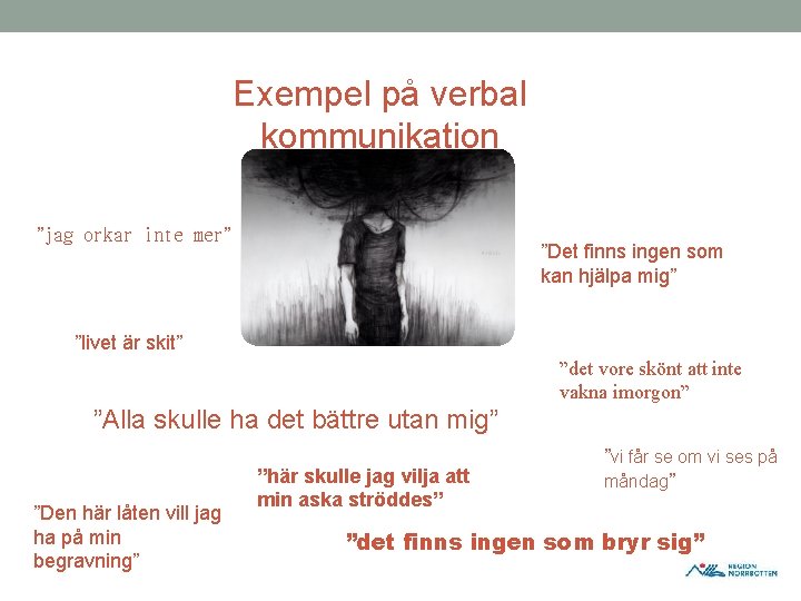 Exempel på verbal kommunikation ”jag orkar inte mer” ”Det finns ingen som kan hjälpa Exempel på verbal kommunikation ”jag orkar inte mer” ”Det finns ingen som kan hjälpa