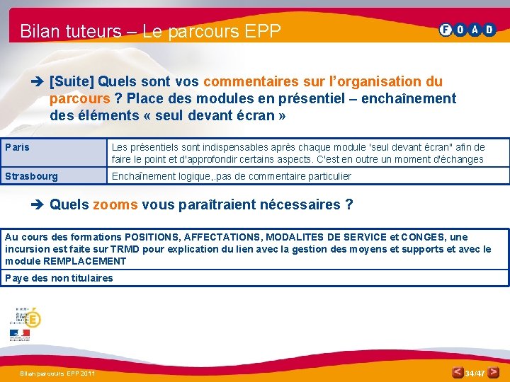 Bilan tuteurs – Le parcours EPP è [Suite] Quels sont vos commentaires sur l’organisation