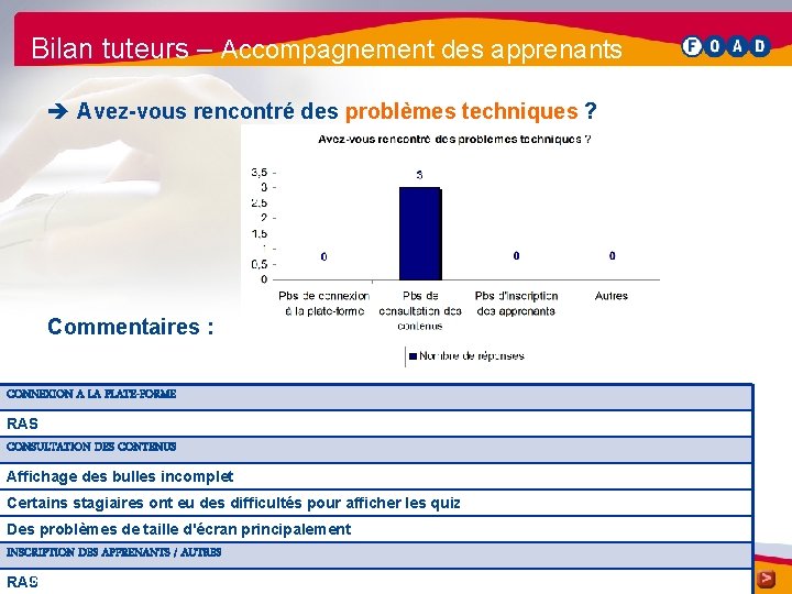 Bilan tuteurs – Accompagnement des apprenants è Avez-vous rencontré des problèmes techniques ? Commentaires