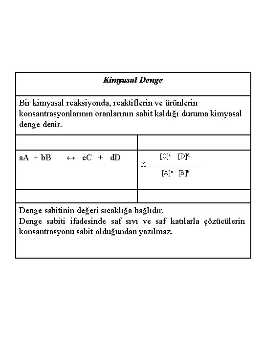 Kimyasal Denge Bir kimyasal reaksiyonda, reaktiflerin ve ürünlerin konsantrasyonlarının oranlarının sabit kaldığı duruma kimyasal