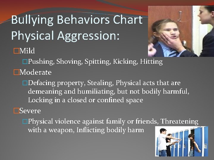 Bullying Behaviors Chart Physical Aggression: �Mild �Pushing, Shoving, Spitting, Kicking, Hitting �Moderate �Defacing property,