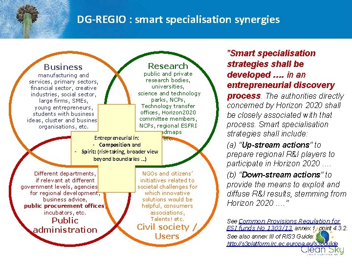 DG-REGIO : smart specialisation synergies Business Research public and private manufacturing and research bodies,