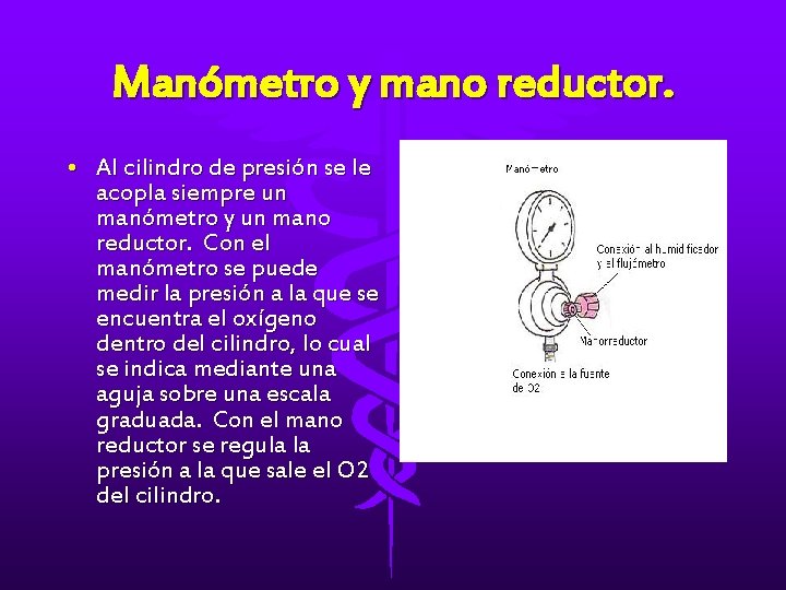 Manómetro y mano reductor. • Al cilindro de presión se le acopla siempre un