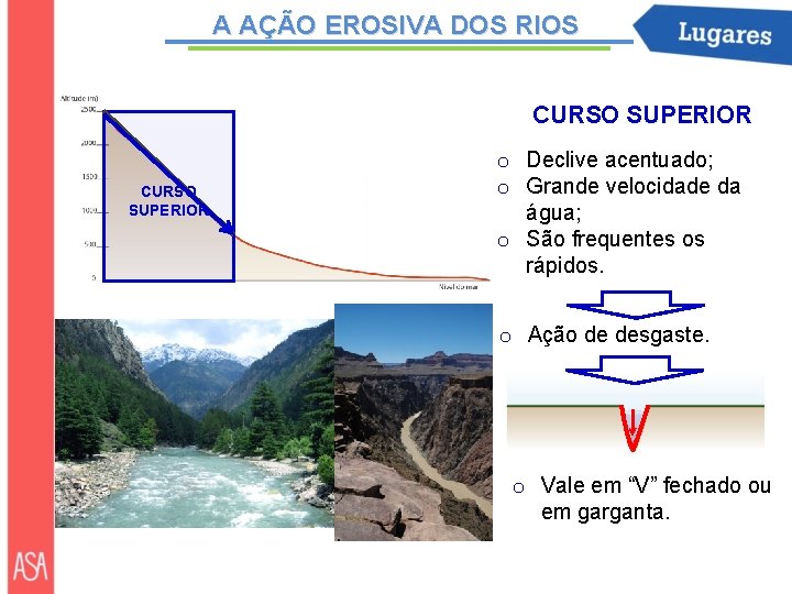 A AÇÃO EROSIVA DOS RIOS CURSO SUPERIOR o Declive acentuado; o Grande velocidade da A AÇÃO EROSIVA DOS RIOS CURSO SUPERIOR o Declive acentuado; o Grande velocidade da