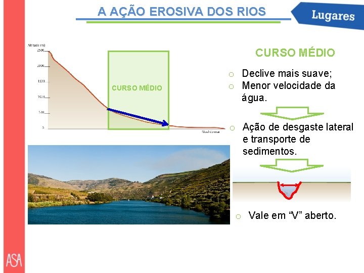 A AÇÃO EROSIVA DOS RIOS CURSO MÉDIO o Declive mais suave; o Menor velocidade