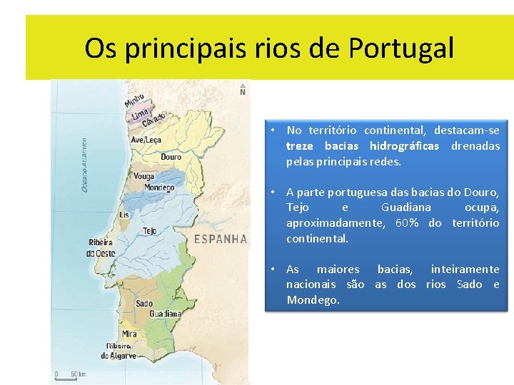 Os principais rios de Portugal • No território continental, destacam-se treze bacias hidrográficas drenadas Os principais rios de Portugal • No território continental, destacam-se treze bacias hidrográficas drenadas