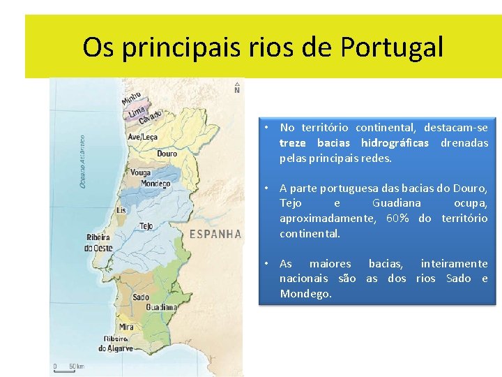 Os principais rios de Portugal • No território continental, destacam-se treze bacias hidrográficas drenadas