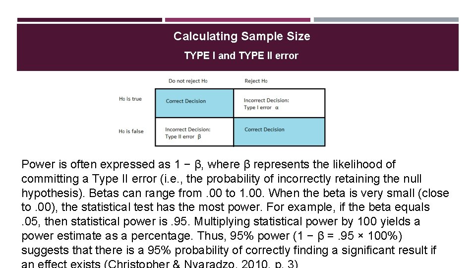 Calculating Sample Size TYPE I and TYPE II error. Power is often expressed as