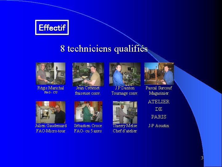 Effectif 8 techniciens qualifiés Régis Marichal FAO - CU Jean Crétenet fraiseuse conv. J.