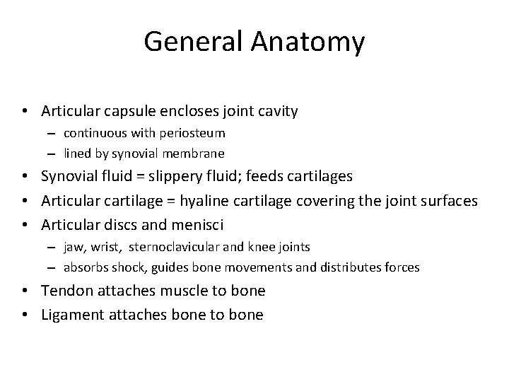 General Anatomy • Articular capsule encloses joint cavity – continuous with periosteum – lined