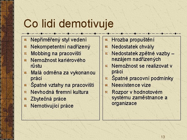 Co lidi demotivuje Nepřiměřený styl vedení Nekompetentní nadřízený Mobbing na pracovišti Nemožnost kariérového růstu