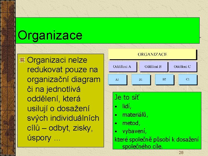 Organizace Organizaci nelze redukovat pouze na organizační diagram či na jednotlivá oddělení, která usilují