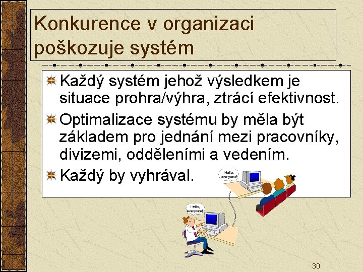 Konkurence v organizaci poškozuje systém Každý systém jehož výsledkem je situace prohra/výhra, ztrácí efektivnost.