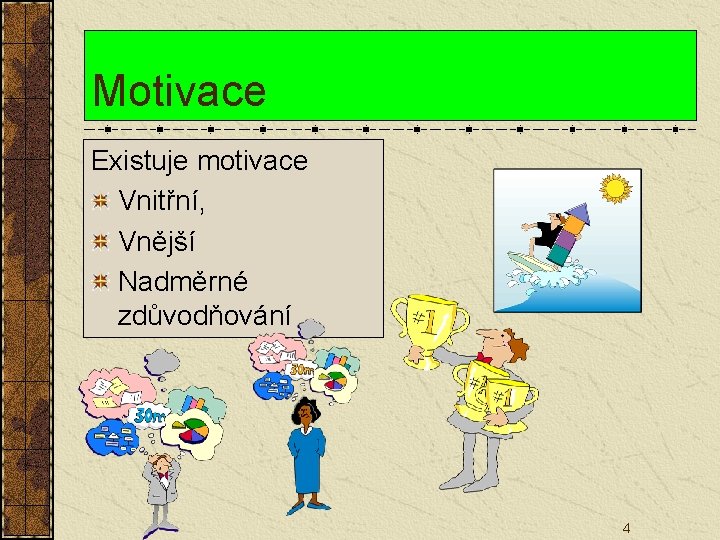 Motivace Existuje motivace Vnitřní, Vnější Nadměrné zdůvodňování 4 